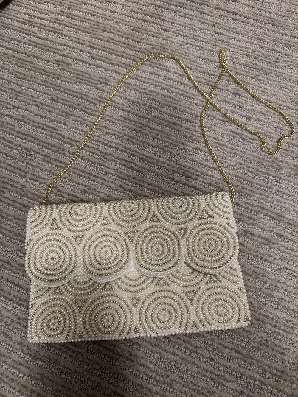 Lulu's Ivory Pearl-Beaded Clutch with Gold Chain